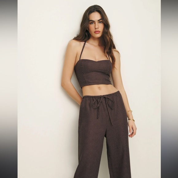 Reformation Pants - Reformation Chocolate and White Polka Dot Two-Piece Linen Set